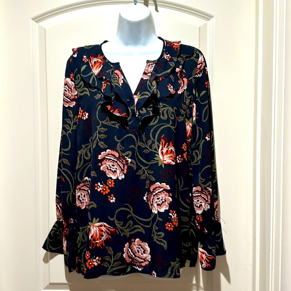 LOFT Navy Floral Blouse. Size S